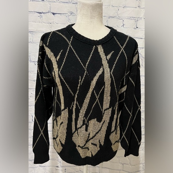 Vintage 80s Black and Metallic Gold Knit Pullover Sweater M - Picture 1 of 6